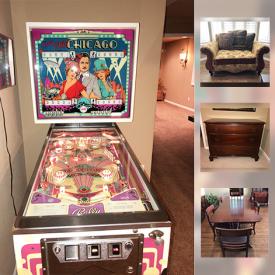 MaxSold Auction: This online auction features a Bally "Old Chicago" Pinball machine; as well as a Brunswick contender Foosball table. FURNITURE: Arhaus sofa and chair, COPPER TABLE, mirrors; Pier 1 entertainment center; Dining suite - table and six chairs, hutch and buffet; dressers. SPORTING GOODS: Several snowboards and boots such as a used once Dakine board and Solomon 9.5 boots; La Crosse equipment. A Franciscan acoustic guitar. Many pieces of wall art and decor and much more!