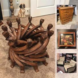 MaxSold Auction: This online auction features Alabama Football Memorabilia, Gail Glissmann Autographed Watercolor, Signed Bishops Cloak Mary Booth Cabot Art, Tony Gonzales Framed Autograph, Large Hexagonal Mirror, African Hand Carved Spiral Pedestal, Shelby Williams Office Chairs and much more!