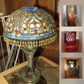 MaxSold Auction: This online auction features Asian furniture, decor and art, many stained glass lamps. Brass animals. Waterford clock. Capodimonte and other ornate decorative pieces. Many live plants, plant stands and pots. YARD AND GARDEN: Snowblower, Weber grill; many cement pagoda ornaments and much more!