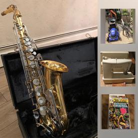 MaxSold Auction: This online auction features Electric tools, Kobalt lawn mower, vintage bamboo flyrods, Russian ship bell, collectible comic books, Bierstadt print, Japanese jewelry boxes, vintage alto sax and baritone horn. ANTIQUE: Wardrobe and much more!