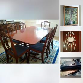 MaxSold Auction: This online auction features Furniture: Kitchen and dining room table and chairs; king headbpoard; vintage child's wicker rocker; TV cabinet. Cystal/cut glass: Many pieces including a c. 1920 sawtooth punchbowl. Power tools. Nordic trak Pro. Stereo components. COLLECTIBLE: Hammered tray with hunt scene; large crock; Jamestown handblown glass. blue and white ceramics; antique rake and Johnson bar; many tablecloths and doilies and much more!