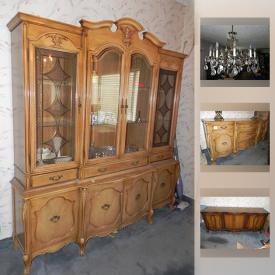 MaxSold Auction: This online auction features vintage turntable in ornate cabinet, collectibles such as silverplate flatware, Mikasa crystal, and Limoges, furniture such as vintage wood dining table, vintage tufted couch, and wooden cabinet with bar, bronzed metal chandelier, barware and much more!