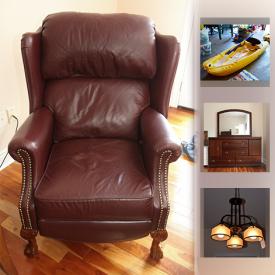 MaxSold Auction: This online auction features Light Fixtures, Kayak, Wine Rack, Leather wing back chair, Wood Sailboat, Wicker Lounger, Fire Pit Stand and much more!