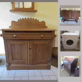 MaxSold Auction: This online auction features FURNITURE: Vintage washstand, 1930's quarter sewn oak buffet, dresser; Palliser bedroom suite. Whirlpool washer. BRASS/COPPER/PEWTER. Johnson Bros "Heritage White" ironstone dish set. Foreign coins and currency and much more!