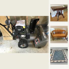 MaxSold Auction: This online auction features a Snowblower, gas garden tiller, patio swings, quilting supplies, power tools, heavy cookware pots, LR furnishings, antique side tables, Victorian washbasin, pitcher and commode set, silver plate cruet set, cornflower glassware and much more!