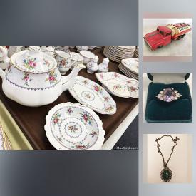 MaxSold Auction: This online auction features JEWELRY: Sterling and semi-precious settings, costume. CHINA: Royal Albert "Petit Point" service for 12; tea cup sets. A vintage washstand. Silver plate and brass. COLLECTIBLE: Shell friction toy truck; plates; glass; 45 and 78 records and much more!