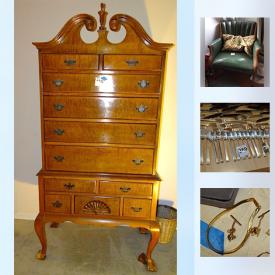 MaxSold Auction: This online auction features STERLING SILVER: Two sets of flatware - Gorham and International Silver Co. flatware sets, assorted sterling serving pieces. ANTIQUE: Hand colored engravings; tools; secretary and more! VINTAGE: Conant Ball twin beds, oak desk, several chests of drawers and dressers, Cavalier cedar trunk, many Hitchcock chairs, Frederick Duckloe dining room table and chairs, black wild cherry drop leaf table; Kimball "Consalette" spinet piano; photography equipment and cameras - Graflex and Falcon; recording devices and movie projector; Eastman Kodak scale, Henry Troemner scale in glass case; Stewart Warner TV and phonograph; trunks; luggage and much more! GLASS: Blown amethyst jug and glasses, ruby cream and sugar. CHINA: Many sets including several sets of Stangl pottery dish sets. JEWELRY: 14K and 10K gold, sterling, vintage and costume. Handmade quilts and much more!