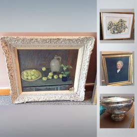 MaxSold Auction: This online auction features ART: Signed Andre Bieler and G. Roberts watercolours, oil on canvas and more! STERLING: Bowl and more! FURNITURE: 18th century drop front desk and more; Regency sofa and more! CHINA: Wedgwood "Asia" service for 12; tea cup sets. Pottery. COLLECTIBLE: Moorcroft vase; Hummels; Royal Doulton figurine and much more!