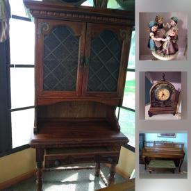 MaxSold Auction: This online auction features a Dale Tiffany lamp, Wurlitzer piano and bench, Piper grandfather clock, Belage cocktail table, Bassett Italian Provincial furniture, Hitchcock wood chairs, display cabinets, leather wing chair, jewelry armoire, vintage metal chandelier, duck decoys, silk floral arrangements, area rugs, wrought iron patio set, Hummel figurines, original art, clocks, books, kitchenware, decor and much, much more!