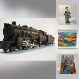 MaxSold Auction: This online auction features a 1950's AMERICAN FLYER 304 Train Set, 1950's DINKY TOYS DIECAST CARS, 1980's TRANSFORMERS TOYS ACTION FIGURES, 36 VINYL RECORDS ALBUMS COLLECTION ~ 1980's, Books, HAND CARVED WOOD MARLIN FISH STATUE, various Batman Comics, various SUPERMAN Comics, NORMAN ROCKWELL "NO SWIMMING" 1974, BRASS TEA POT KETTLE, VINTAGE WIRELESS SEGA GENESIS VIDEO GAME CONTROLLERS, tools, portable lights, extension cords, hardware, casters and much more.