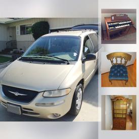 MaxSold Auction: This online auction features a 1999 Chrysler town and Country. FURNITURE: Including a vintage secretary. TOOLS: Including vintage workbenches and cabinets. HAMMOND ORGAN. PHOTOGRAPHY: Cameras, supplies, including a SeaLife underwater camera. YARD AND GARDEN. VINTAGE: Trunk and mesh evening bag and much more!