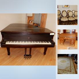 MaxSold Auction: This online auction features FURNITURE: Antique French amoire, vintage oak roll top desk, many sets of dining room chairs. ART: Limited edition print - 37/100 - "Carefree Highway" by Anne Coe; watercolors signed SN Mills and more! PIANOS: Jewett Steinhart grand and Baldwin upright. DECORATIVE: MIrrors, lamps, rugs. And more!