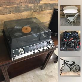 MaxSold Auction: This online auction features Electronics;
an Iron Horse mountain bike; antique furniture including a hump-back trunk; vintage white rattan vanity and chair. Music/ DVDs /CD Collection; Sport Select lighted globe speakers; tools; electric fireplace and more!