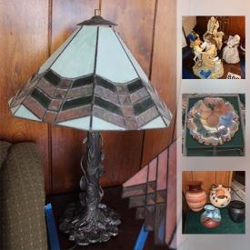 MaxSold Auction: This online auction features Handmade stained glass lamps. ART: Signed southwestern pottery - some by Vera Russell and Santa Clara artists; Prints by Dan and Pauline Campanelli; Jack Trager originals on agate or petrified wood; carved stone animals; carved and signed wooden birds. COLLECTIBLE: Pottery; Jim Shore Heartwood Angels; Lefton lighthouses; Cats Meow Stewartsville, NJ landmarks; Pyrex; Thomas Kinkade "Hawthorne Village"; Knowles plates; Dept 56; paper weight collection; porcelain Capodimonte and Lenox flowers; DOLLS - Georgetown, Danbury and Lenox porcelain dolls; Lionel trainset. GLASS: Many pieces CRANBERRY; Orrafors; milk glass and much more!