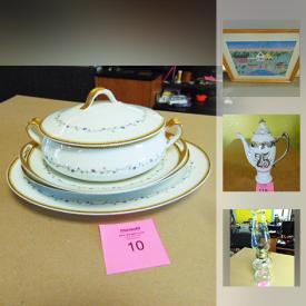 MaxSold Auction: This online auction features COLLECTIBLE: Oil lamps; glass fruit; pink depression glass; vintage green glass nose sprayer; aluminum tray. CHINA: Haviland Limoges dishes and serving pieces. Brass quilt rack and much more!