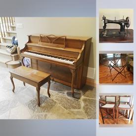 MaxSold Auction: This online auction features FURNITURE: Hand forged and welded metal end tables; vintage hand-turned legs pine tables, farmhouse chairs and benches. Sherlock Manning upright piano. Raymond treadle sewing machine. Anysley "Sheraton" dish set and much more!