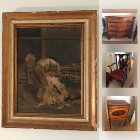 MaxSold Auction: This online auction features Jenness Cortez print, rugs, art, antique British chest of drawers, new sheets and throws, medieval style table, antique English chair, equestrian decor, English china plates, crystal glasses, figurines, furniture and much more!