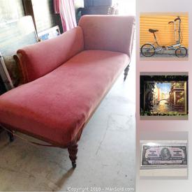 MaxSold Auction: This online auction features an Antique divan and burled walnut table. Original painting. Vintage currency. Aluminum folding Bickerton 3 speed bike. Signed art glass vase. COLLECTIBLE: Coca Cola; baseball cards; bottles; cars and much more!