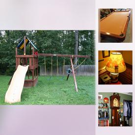 MaxSold Auction: This online auction features a Rainbow Play Systems playset. Olhausen pool table. FURNITURE: Victorian style sofa and chairs; dining table, chairs and hutch; patio. STERLING SILVER: Flatware set, cream and sugar, weighted salt and pepper and candlesticks. GLASS: Opalescent vase; amber pieces. COLLECTIBLE: Metal lunch boxes; Winnie the Pooh; dolls. APPLIANCES: Wine enthusiast wine cooler, Kenmore fridge. TOOLS. YARD AND GARDEN and much more!