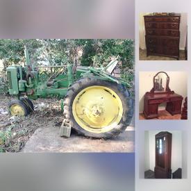 MaxSold Auction: This online auction features John Deere farm tractor, tools such as a planer, miter saw, 12 volt trolling motor, bench grinder, band saw, wood lathe, scroll saw, vintage furniture, yard and garden tools, exercise bike, adding machine, clocks, owl figurines, decor, collector plates, vintage china cabinet, gun cabinet and much more!