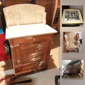 MaxSold Auction: This online auction features wingback antique chair, leather office chair, antique wood and marble cabinet, exercise equipment, Bombay dining set, P. Jazet painting, framed prints, Asian ginger jars and much more!