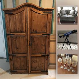 MaxSold Auction: This online auction features custom made loveseat, mirrored coffee table, modern wall art, Bombay and co. dining chairs, crystal punch bowl, rustic wardrobe, antique telephone table and much more!