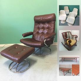 MaxSold Auction: This online auction features Saarinen tulip chairs, mid-century furniture, pottery, art, blown glass, danish teak furniture, Asian framed characters, Coca-Cola collectibles, rattan furniture, leather jacket, modernist tubular chairs, chandeliers and much more!