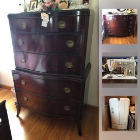 MaxSold Auction: This online auction features jewelry, mirrors, lamps, glassware, TV, VHS tapes, wall art, sewing machine, books, rugs, shelving, records, yard tools and much more!