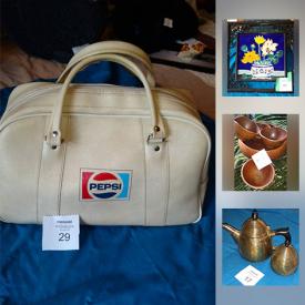 MaxSold Auction: This online auction features oak display case, antique cheese server, copper decor, Pepsi Cola gym bag, framed prints, vintage scarves, PC games, CDs, cell phone accessories, bakeware and much more!