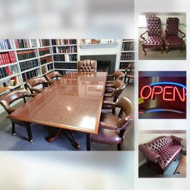 MaxSold Auction: This online auction features furniture such as leather high back chairs, cherry wood filing cabinet, oxblood leather couch, large wooden conference table, and metal storage cabinets, law books, neon signage, Garee signed painting, framed prints and much more!