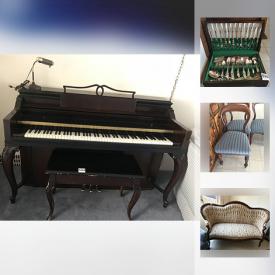 MaxSold Auction: This online auction features ANTIQUE: c1790 Sheraton gateleg table, balloon back chairs, Victorian tufted back sofa, Edwardian chair, unusual corner chair made in Niagara, Penn. FURNITURE: Drexel master suite systems console bed surround. MUSICAL INSTRUMENTS: Mason and Risch apartment size piano; Casio music systems keyboard and stand; Fender Squier p-bass guitar. VINTAGE: Curio cabinet. CHINA: Wedgwood "Florentine" service for 8 with serving pieces; tea cup sets; Radnor and Adderly china floral. COLLECTIBLE: Moorcroft vase. CRYSTAL/GLASS: Cut/pressed serving pieces; art glass. TOOLS: Power saws and much more!