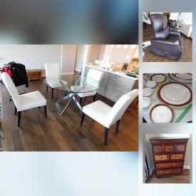 MaxSold Auction: This online auction features FURNITURE: Leather pieces including a La-Z-Boy sofa; Golden Tech lift chair; Glass and Chrome dining table and chairs; server; Bombay bedroom suite; Kingsdown bedding. CHINA: Royal Doulton "Martinique" service for 12 plus serving pieces including tea and coffee service; Luster ware tea set. Vintage Pyrex. Green glass vases and much more!