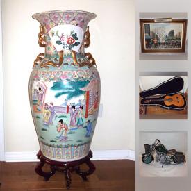 MaxSold Auction: This online auction features Asian urns, vases, decor, Chinese ox blood vase, jade elephant figurine, Asian snuff bottles, Bohemian liquor set, Royal Doulton and other fine china tea cups and saucers and figurines, fine art with COA's and much more!