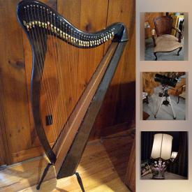 MaxSold Auction: This online auction features ANTIQUE: Oak mirrored cabinet; jade lamp; baby sailor suit; sled; churn; rocker. FURNITURE: Custom dining table with 8 chairs; campaign style desk; Deacon's bench; two more dining tables and chairs sets; painted pieces and more! MUSICAL INSTRUMENTS: Oyama lever harp; Jose Ramirez, Oscar Schmidt and Harmony guitars; child size harp; recorders; xylophones. VINTAGE: Ladies hats, scarves, beaded bag; songbooks; Monarch ladies bike. COLLECTIBLE: BOXES - alabaster, Wedgwood, silver plate, wood, lacquer, ceramic, fabric, brass, paper; Coca Cola wrought iron horse and carriage. Waterford decanter. CHINA: Christmas, serving pieces. Pottery and much more!