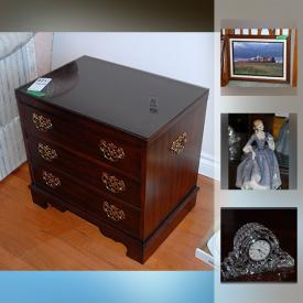 MaxSold Auction: This online auction features Sterling silver. China: Royal Albert "Chantilly" service for 12 plus serving pieces, tea and coffee set CRYSTAL: Waterford clock and stemware; serving pieces; Swarovski butterfly. FURNITURE: Kaufman of Collingwood dining hutch, side tables with 3 drawers, occasional table; Victoriaville bedroom pieces; dining table and chairs. Maytag washer. COLLECTIBLE: GI Joe; Royal Doulton and Lladro figurines; vintage Metro ware apple fashioned china; Canadian Railway memorabilia. VINTAGE: Vinyl kitchen chairs; table linens; albums; Singer sewing machine. WORKSHOP TOOLS: Including a Craftsman drill press. SPORTING GOODS. YARD AND GARDEN and much more!