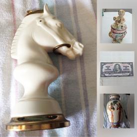 MaxSold Auction: This online auction features currency, McDonald Happy Meal toy collectibles, decorative pieces, silverplate, Tetley tea lot, dragon pendant, vase, duck lamp, brass bookends, costume jewelry, LCD pocket color television, coins, carneol agate and much more!