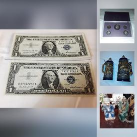 MaxSold Auction: This online auction features 1957 Crisp Uncirculated Silver Certificates Blue, 2016 W American Silver Eagle NGC MS69 1oz pure Silver, Waterford Crystal, 1987 S US Mint Proof Set, Waterford Candle Holders Made in Italy, LLadro Figurines, Carnival Glass Marigold and much more!