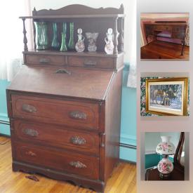 MaxSold Auction: This online auction features furniture such as country hutch, oak dresser, embroidered chair, and dropfront desk, art such as framed prints, area rugs, lamps, ceramic decor, chandelier, mirrors and much more!