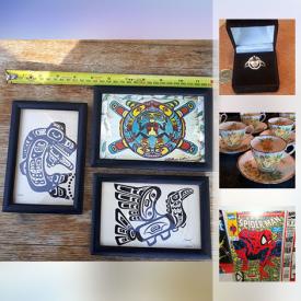 MaxSold Auction: This online auction features JEWELRY: Jack O Lantern charm bracelet, Sterling green and blue topaz ring and earrings and more! ART: First Nations prints, boxes, metal wall plaques and book. CHINA: Royal Alberts "Tea Rose" and "Ivy Lea" dishes. GLASS: Amber, blue and more! COMICS, trading cards - Pokemon, Yu-Gi-Oh and much more!