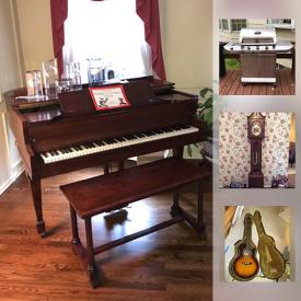 MaxSold Auction: This online auction features BALDWIN BABY GRAND PIANO. ANTIQUE: Lighted glass front cabinet. FURNITURE: HENRY LINK full size four poster bedroom suite, Thomasville queen suite with armoire, dresser with mirror and a headboard; Henredon side tables; Bloomingdales sofa, love seat and chairs; Black leather wing chair; Golden reclining lift chair; Drexel china cabinet and more! Emperor Clock Co. grandfather clock. JEWELRY: 14 K rings, .925 turquoise cuff. ART: Original by Robert Clarence; signed prints. COLLECTIBLE: Knowles Rockwell plates; Hummels; Limoges; Mikasa and Lenox including bird figures. CHINA: Royal Doulton "Amulet", Royal Gallery "The Holly and the Ivy" Christmas dishes; tea sets. Charbroil Commercial series grill. Trampoline. Badminton net and racquets. Epiphone guitar and much more!