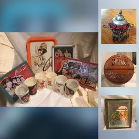 MaxSold Auction: This online auction features COLLECTIBLE: Wade figures; Coca Cola; Spalding NBA signed David J Stern basketball - no COA. VINTAGE: Green ottoman. ENTERTAINING: Many glass plates, vases and much more!