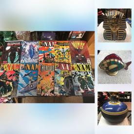 MaxSold Auction: This online auction features Dog and cat accessories - Green dog carrier, collars, bowls and more. Furniture: Chopping block table with drawer, Forest Hills Knick knack shelf. Framed art. COLLECTIBLE: Comic books, dog and cat figures, decor plates and much more!