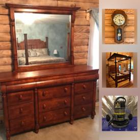 MaxSold Auction: This online auction features FURNITURE: English cherry queen canopy bed, matching 12 drawer dresser with mirror, nightstand; Cherry Louis XIV mirrored and lighted china cabinet; matching La-Z-Boy wall-hugger recliners. ANTIQUE: Carpenter's tools. VINTAGE: Costume jewelry; crockery. Camping equipment and much more!