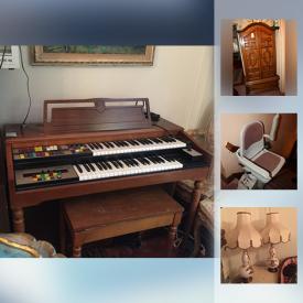 MaxSold Auction: This online auction features ANTIQUE: 19th c oil by Jan Georges Burton; 1830's engravings. ART: Original oil by listed Spanish impressionist artist Rafael Ortega 1932; Egyptian pieces. VINTAGE: Lowery organ; furniture including several bedroom suites; settee, sofa and side chairs. COLLECTIBLE: Lenox, Rosenthal, Wedgwood Jasperware, Czech tea set for 8 and canister set; marble eggs; glass fruit; art and decor from international trips including textiles. CRYSTAL/GLASS: Galway; milkglass; Green and pink depression glass. Acorn Superglide 120 electric lift chair. Large marble coffee table and much more!