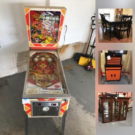 MaxSold Auction: This online auction features VINTAGE: Gottliebs Golden Arrow pinball machine; Pyrex collection. FURNITURE: Dining room table, chairs and buffet; coffee table. TOOL: Craftsman tool chest and a rolling tool chest. SPORTING GOODS: Salomon snowboard with Burton bindings. COLLECTIBLE: Vintage cancelled stamps, action figures, toys, comics, Star Wars and much more!