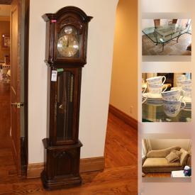 MaxSold Auction: This online auction features a Tempus Fugit Connoiseur Granddfather clock by Ridgeway. FURNITURE: A Chaise lounge; glass and metal dining table and 8 chairs; Palliser bedroom pieces including a lighted bookshelf with mirrored headboard and dresser. COLLECTIBLE: 2 Lladro figures, Royal Adderley china floral, Royal Doulton pieces; Swarovski train; Heritage village pieces. CHINA: Royal Doulton "Coniston" and American Atelier "Bouquet Garni" dish sets. ELECTRONICS. APPLIANCES: GE Profile cook top and dishwasher; Frigidaire Gallery washer and dryer. Centro 2800 BBQ. Lifetime basketball net with stand and much more!