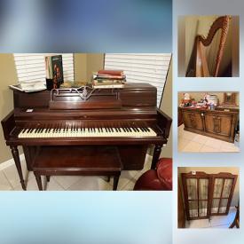 MaxSold Auction: This online auction features FURNITURE: Lapacha handcarved in Paraguay bar table and desk; vintage oak armoire, dining table and chairs; leather rocking/reclining chairs and reclining sofa. ANTIQUE: E. Ingraham Co. gingerbread mantle clock; copper milk can. MUSICAL INSTRUMENTS: Wurlitzer upright piano, full size harp, ChromAharp, Yamaha clarinet. Lapidary machine. Paragon kiln. Electric fireplace. Vintage Singer in cabinet sewing machine. APPLIANCES: Frigidaire washing machine, Samsung electric dryer, LG fridge. SPORTING GOODS: Fishing rods, reels - Penn Senator, Sailfisher, Internation; bicycles. ART: Framed Mola's, Southwestern themed; pottery. COLLECTIBLE: Steins/beer mugs; ephemera; David Winter; dolls/Barbies; bells; Sterling silver "stamps of the world", Towle bowl; aircraft model kits; vintage vinyl. JEWELRY: Opal bracelet and earrings set, turquoise pieces. GLASS/CRYSTAL: Punch bowl set; brown footed goblets; cut/pressed serving pieces; ruffled edge bowl. COPPER POTS AND PANS. CHINA: Noritake and Lenox dishes; Dansk "Mesa" stoneware and serving pieces. TOOLS: Ryobi, Craftsman, Black and Decker, Dremel and more! ELECTRONICS. Automotive and much more!