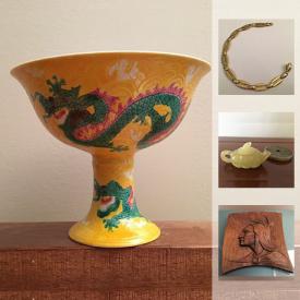 MaxSold Auction: This online auction features Chinese porcelain, ceramics, pottery; carved jade pieces. JEWELRY: 14K gold Italian bracelet; hoop earrings; sterling and amber pieces; vintage jade necklaces. COLLECTIBLE: Thimbles; plates; snuff bottles; hand beaded bag and much more!