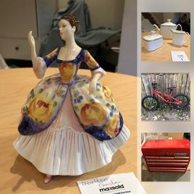 MaxSold Auction: This online auction features Royal Doulton Tea Set, crystal bells, Royal Doulton Figurines, 45s, Sterling silver necklace, Bike, tool box, Pinwheel, Royal Doulton Concord Gold bone china and much more!