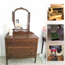 MaxSold Auction: This online auction features an Antique Dining Set. Globe Wernicke Barristers bookcase. Cameras. Mink Stole. Sewing Machine. Tools - Edison drill press. 14 K gold jewelry and much more!